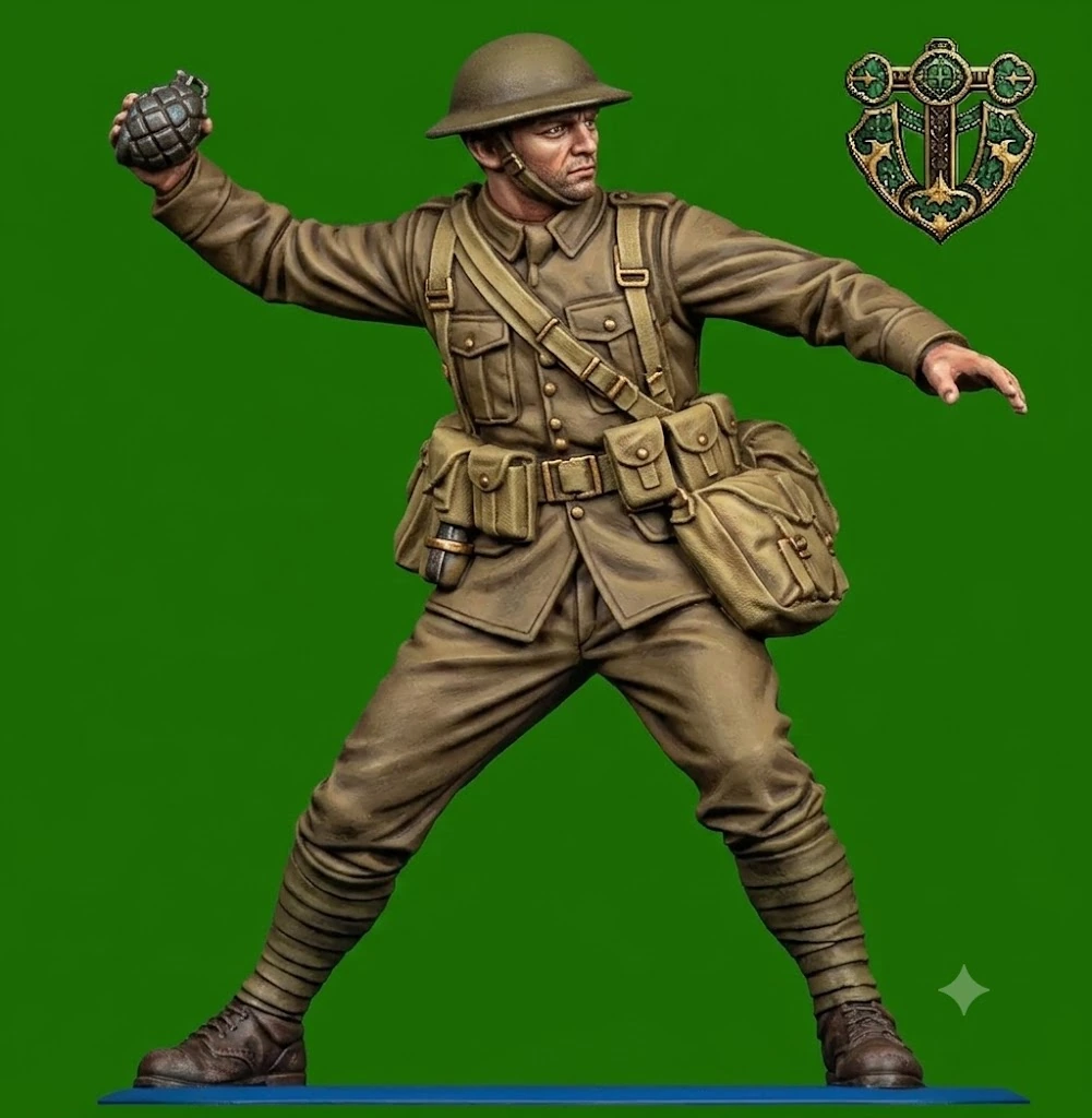 View 2 of WW1 British Soldier Throwing a Grenade